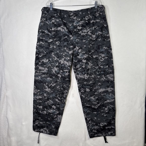 Tru Spec Black Camo Cargo Pants Adjustable Waist Draw String Ankles L Short - Picture 1 of 10